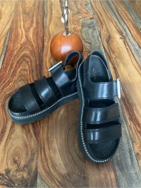 Clarks Black Leather Strappy Sandals with white stitching!